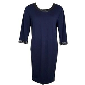 Lord & Taylor Women's Navy Black Faux Leather Trim Sheath Dress 6
